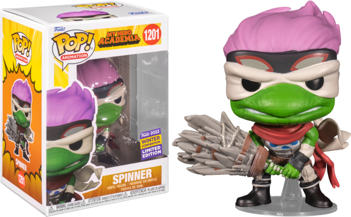 Funko Pop Figur Spinner aus My Hero Academia mit rosafarbenem Haar, grüner Haut und einer großen Waffe neben der Box.