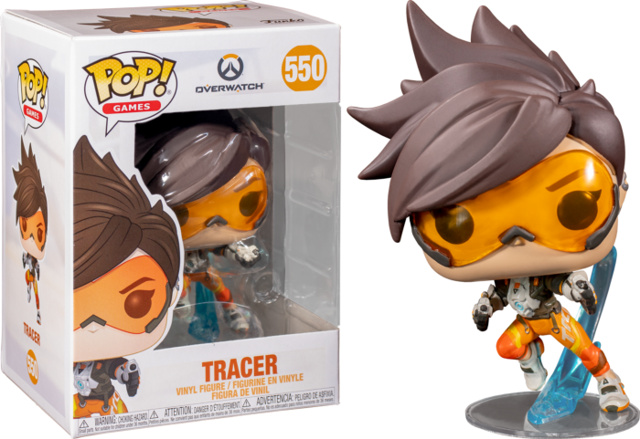 Eine Funko Pop Tracer Vinyl-Figur aus Overwatch, stehend neben ihrer Verpackung.