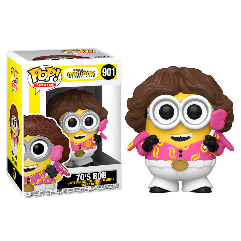 70er-Jahre Bob Minion Funko Pop Figur mit brauner Perücke und rosa Hemd in der Verpackung und daneben.
