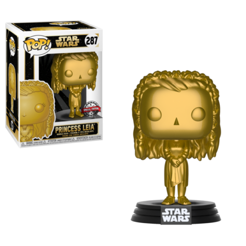 Eine metallisch goldene Prinzessin Leia Funko Pop Figur neben ihrer Verpackung.