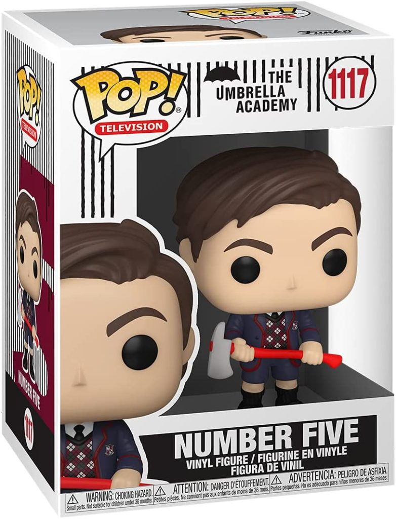 Figurka winylowa Funko Pop Number Five trzymająca siekierę w pudełku, z The Umbrella Academy.