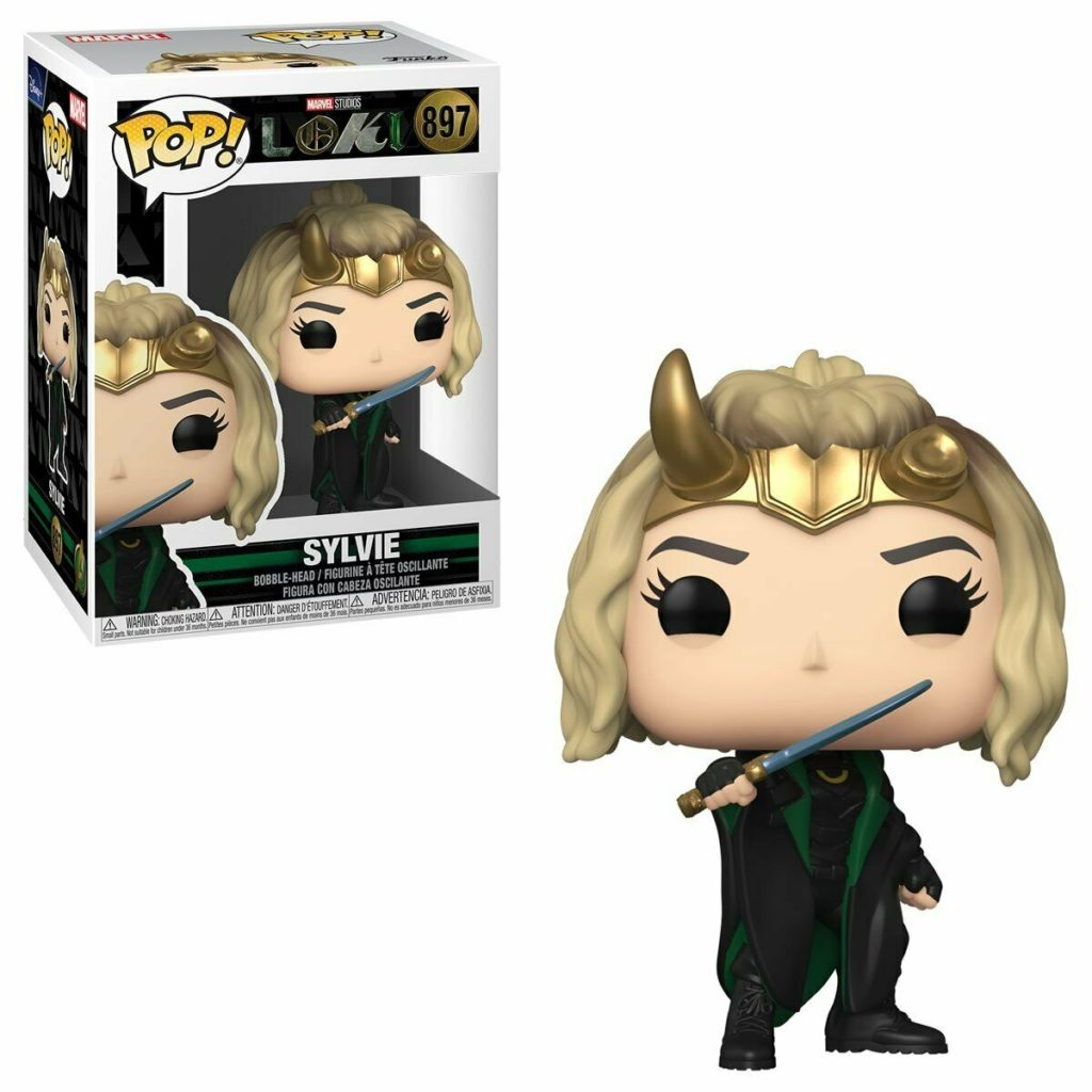 Eine Funko Pop Sylvie Vinylfigur aus Marvels Loki neben ihrer Verpackung mit grün-schwarzem Outfit und Goldkrone.