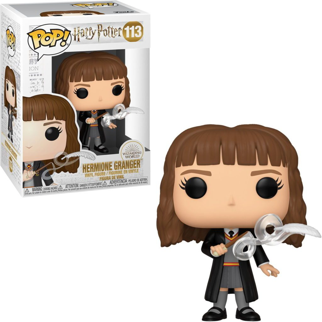 Hermine Granger Funko Pop Figur mit Zauberstab und Feder in Schachtel.