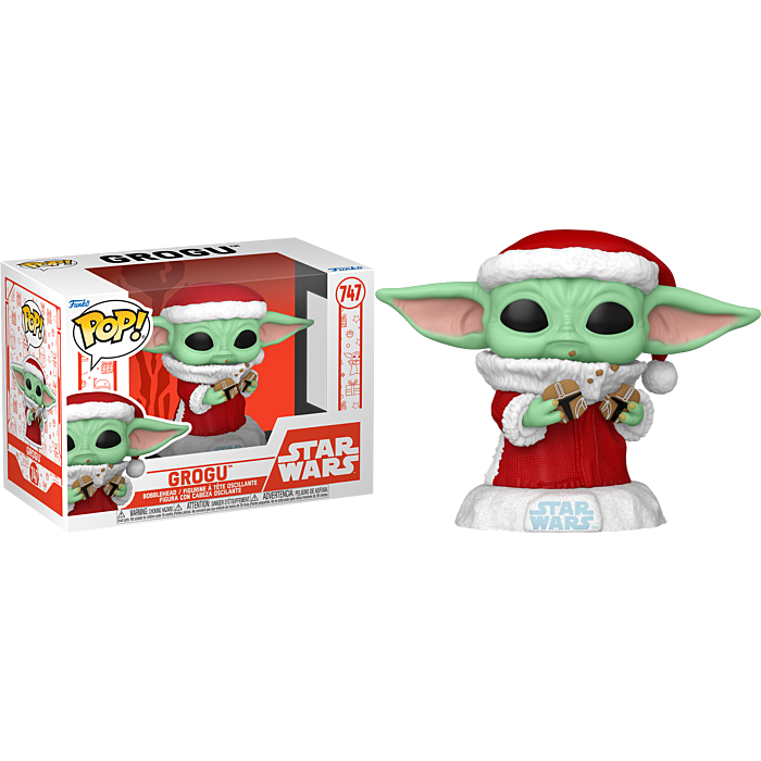 Funko Pop de Grogu de Star Wars con traje de Papá Noel y galletas de Mandalorian, junto a su caja.