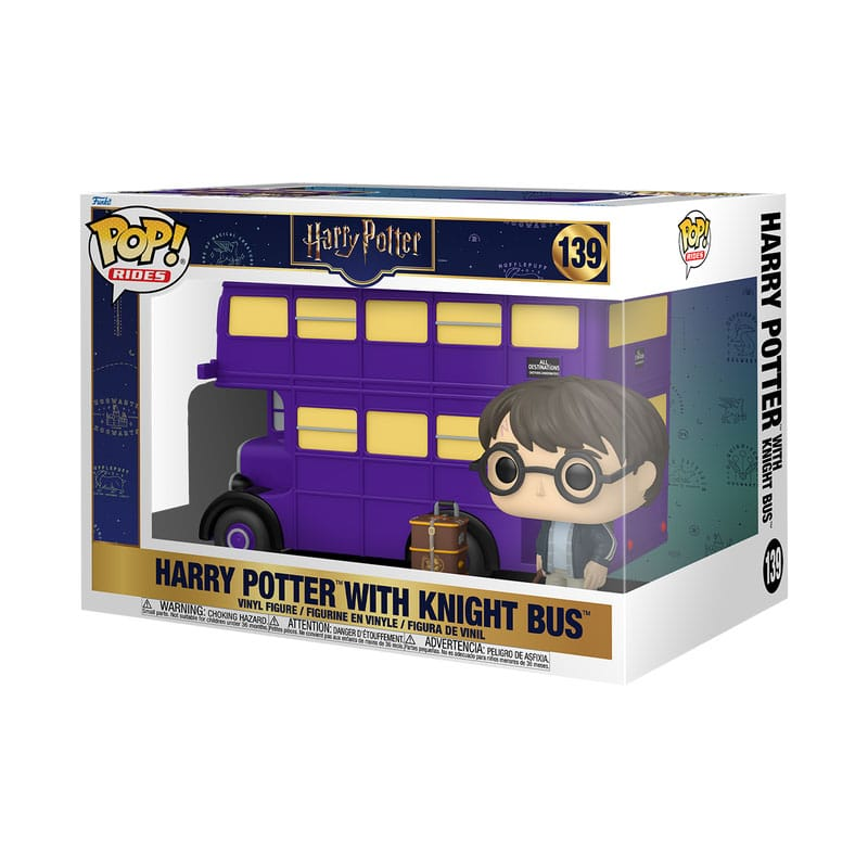 Figura Funko Pop de Harry Potter con el Autobús Noctámbulo morado en una caja.