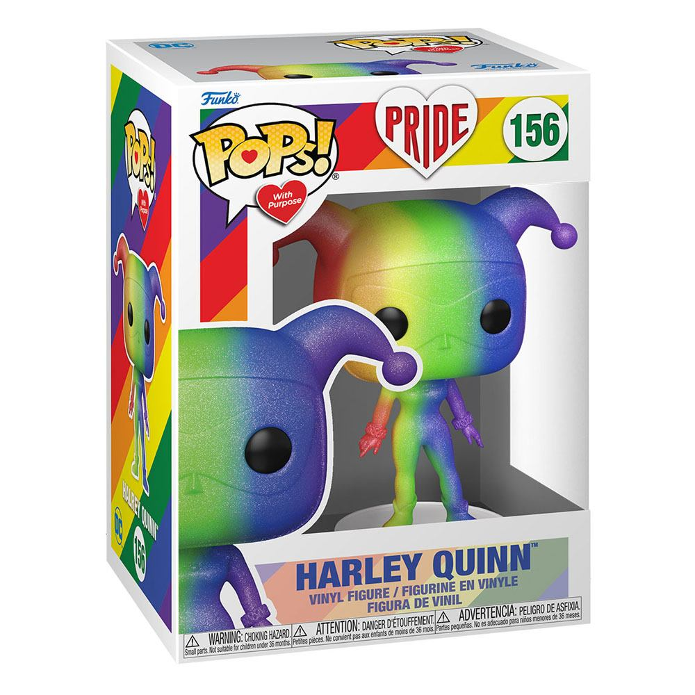 Funko Pop Pride Harley Quinn Vinylfigur 156 mit Regenbogenmuster in Box.