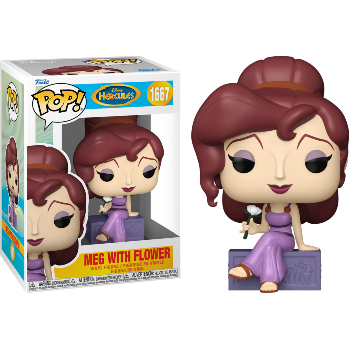 Figura de vinilo Funko Pop de Meg de Hércules sosteniendo una flor blanca, junto a su caja etiquetada sobre fondo negro.