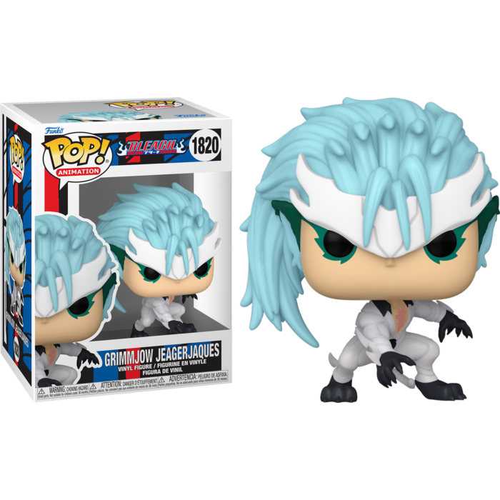 Figura de vinilo Funko Pop de Grimmjow Jeagerjaques con pelo azul claro y traje blanco junto a su caja.