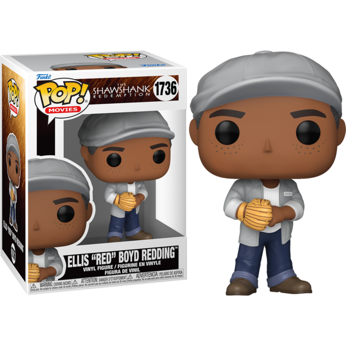 Figura Funko Pop de Ellis Red Boyd Redding con gorra gris y guante de béisbol, junto a su caja.