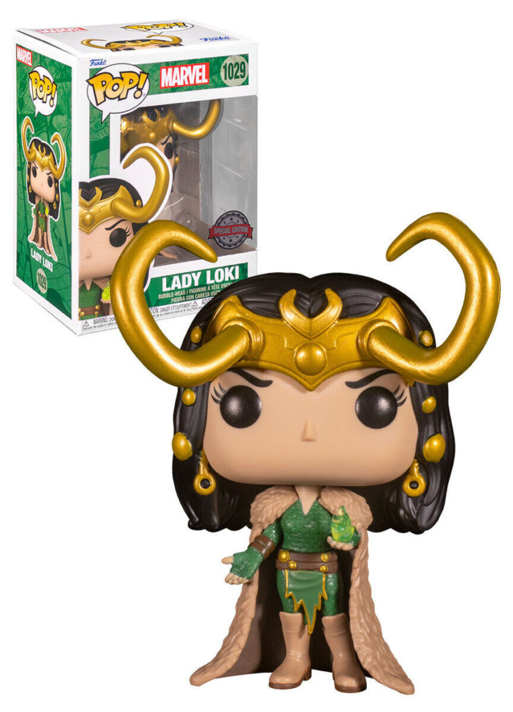 Figura Funko Pop de Lady Loki con cuernos dorados, traje verde y capa de piel, junto a su caja.