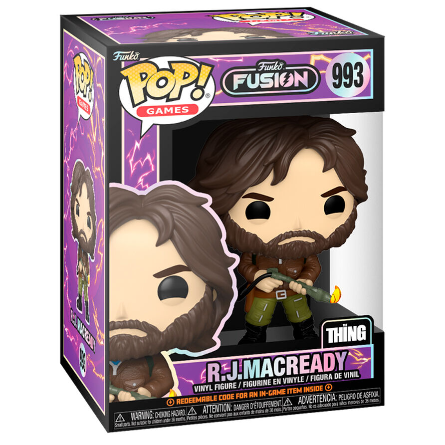 Figurka Funko Pop R.J. MacCready z miotaczem ognia w kolorowym pudełku kolekcjonerskim.