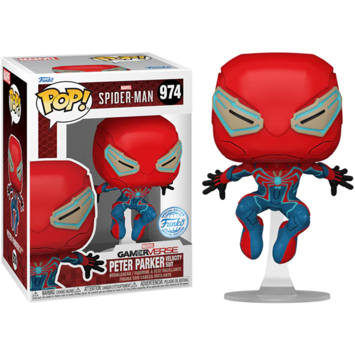 Una figura de vinilo Funko Pop de Spider-Man con traje velocity, mostrada fuera de su caja con base transparente.
