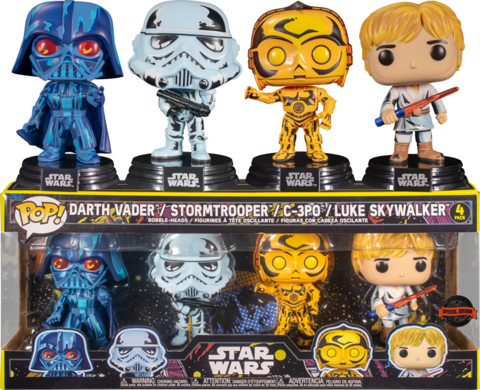 Cztery figurki Funko Pop z Gwiezdnych Wojen: Darth Vader, Stormtrooper, C-3PO i Luke Skywalker w pudełku.