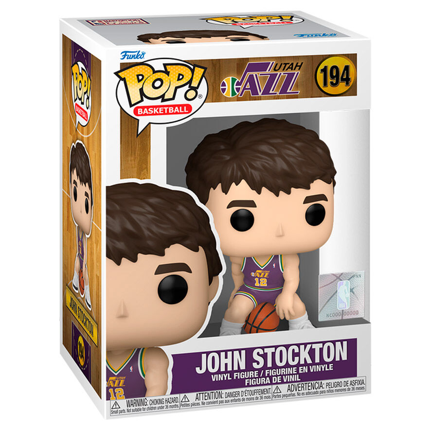 Figura de vinilo Funko Pop de John Stockton con el uniforme de Utah Jazz, dentro de su caja.