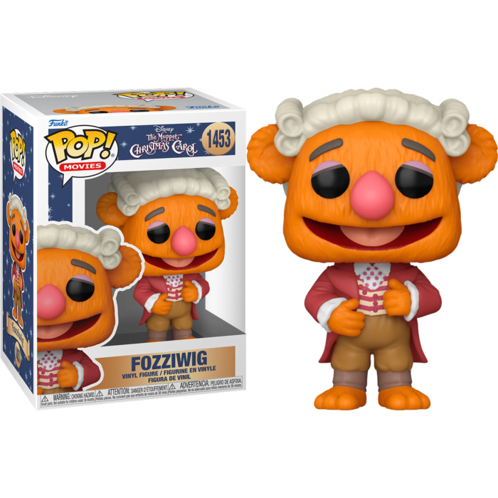 Figura Funko Pop di Fozziwig da Festa in casa Muppet, mostrata dentro e fuori la scatola.