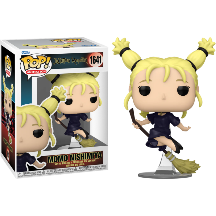 Figura Funko Pop de Momo Nishimiya con su caja, pelo rubio en coletas y montada en una escoba.