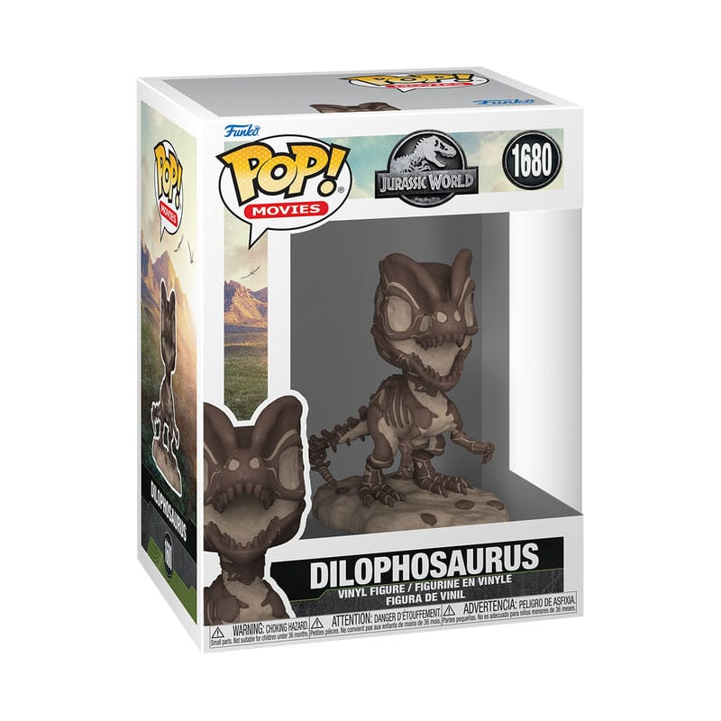 Figura de esqueleto de Dilophosaurus de Funko Pop Jurassic World en caja blanca con logo.