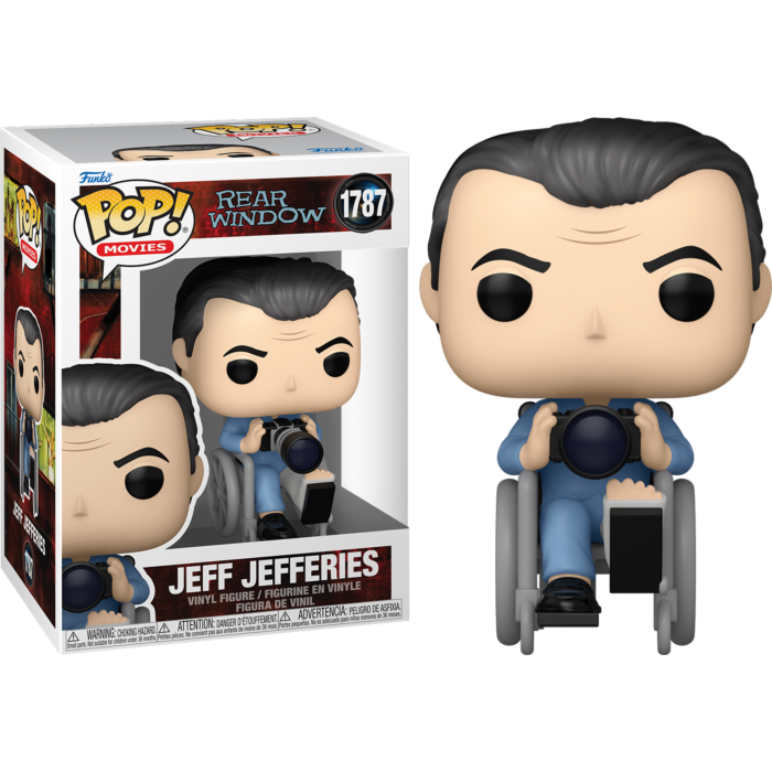 Figura de vinilo Funko Pop de Jeff Jefferies de La ventana indiscreta en silla de ruedas con cámara y su caja.
