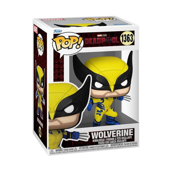 Figurka winylowa Pop! Wolverine w żółto-niebieskim stroju w pudełku z motywem Deadpoola.