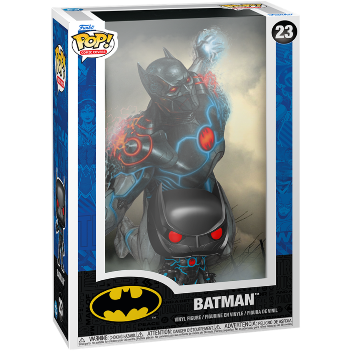 Una caja Funko Pop Comic Covers con Batman con ojos rojos y energía azul brillante, número 23.