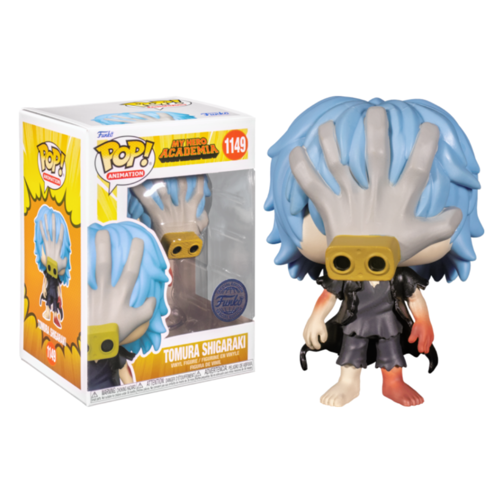 Figura Funko Pop de Tomura Shigaraki con cabello azul claro y una mano en la cara, junto a su caja.