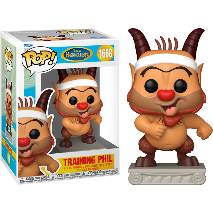 Figura Funko Pop de Training Phil con caja de Hércules de Disney con cuernos, diadema blanca y nariz roja.