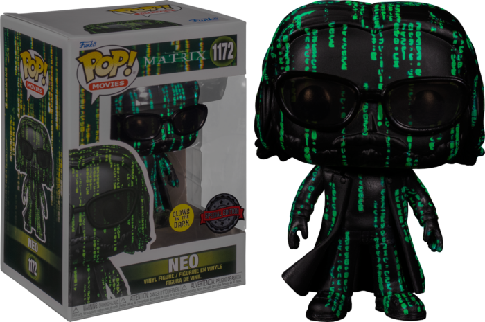 Funko Pop Neo-Figur aus Matrix mit grünem Leuchteffekt neben seiner Verpackung.