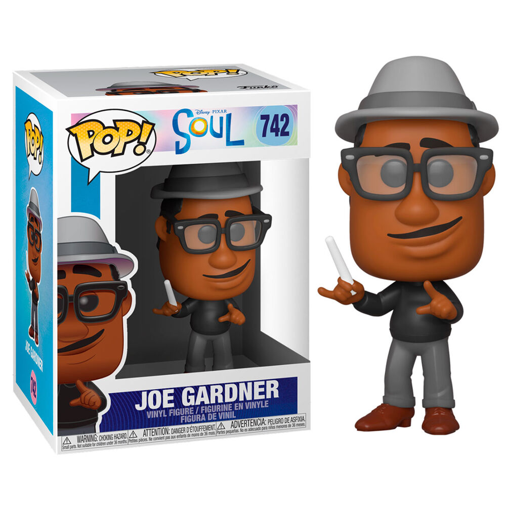 Joe Gardner Funko Pop Figur mit Hut, Brille und schwarzem Pullover neben ihrer Verpackung.