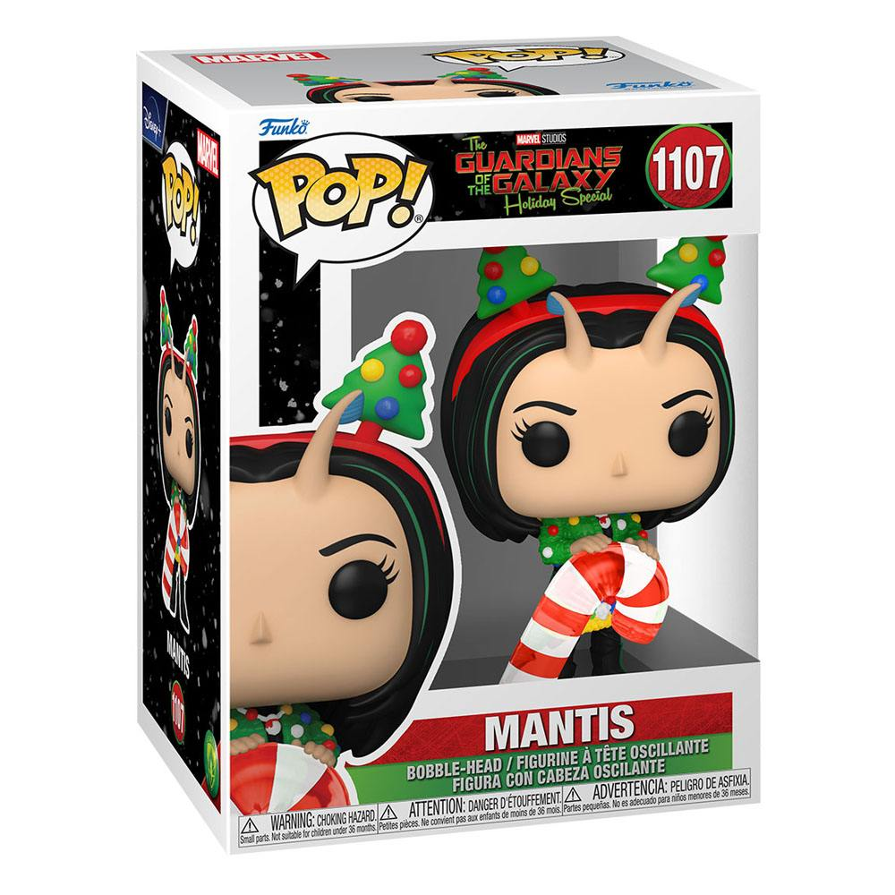 Una figura Funko Pop de Mantis de Guardianes de la Galaxia con un traje navideño dentro de su caja.