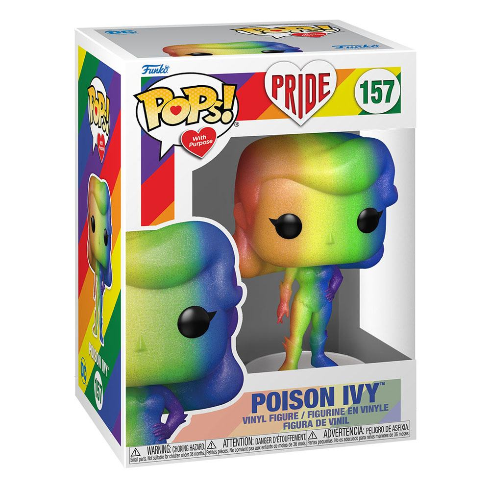 Verpackte Poison Ivy Funko Pop Figur mit Regenbogenfarben zur Pride-Thematik vor weißem Hintergrund.
