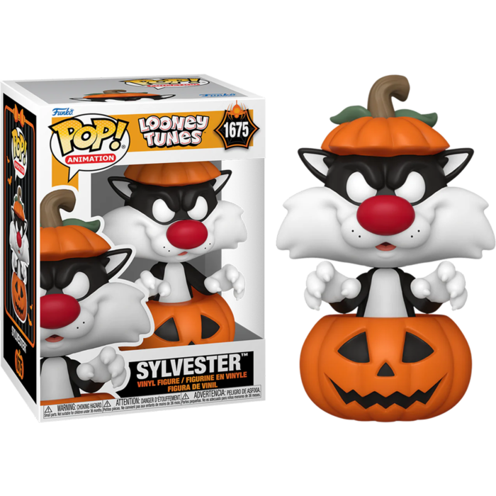 Sylvester die Katze Funko Pop Figur mit Kürbismütze und geschnitztem Kürbis, neben der Verpackung.
