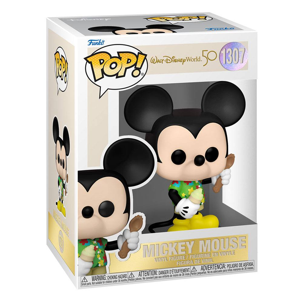 Eine Funko Pop Figur von Micky Maus in Hawaiihemd mit Eis in der Box.