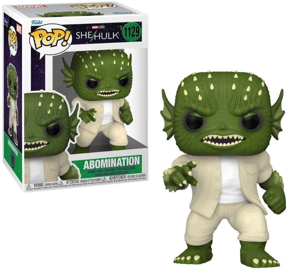 Una figura Funko Pop di Abomination verde con camicia e pantaloni bianchi accanto alla scatola.