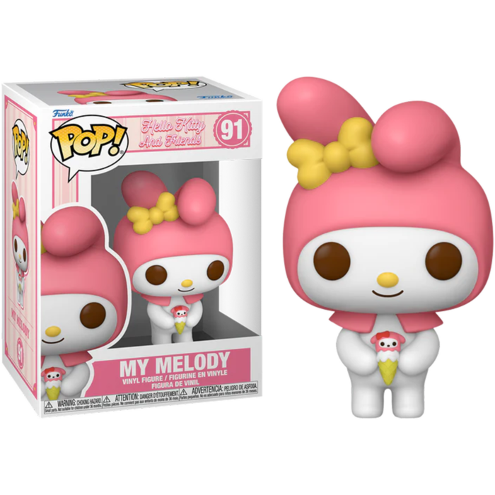My Melody Funko Pop Vinylfigur in einer pink-weißen Verpackung, rechts daneben steht die Figur mit einem kleinen Eis.
