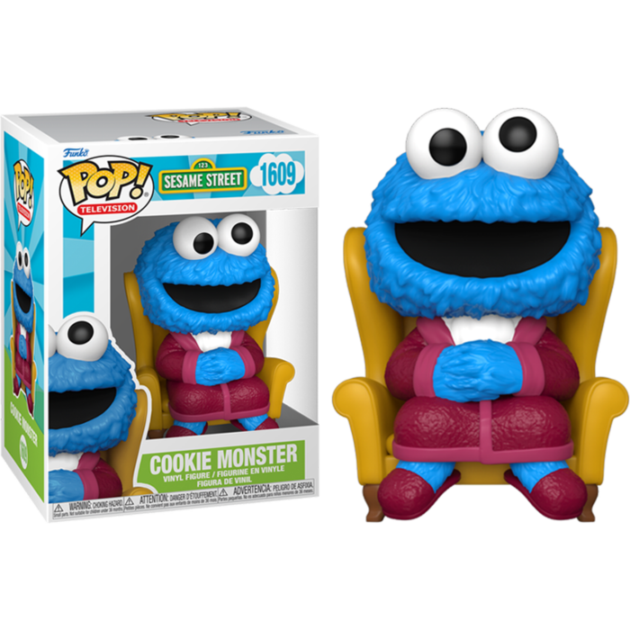 Figura de vinilo Funko Pop de Monstruo de las Galletas en un sillón amarillo, en caja y fuera de ella.