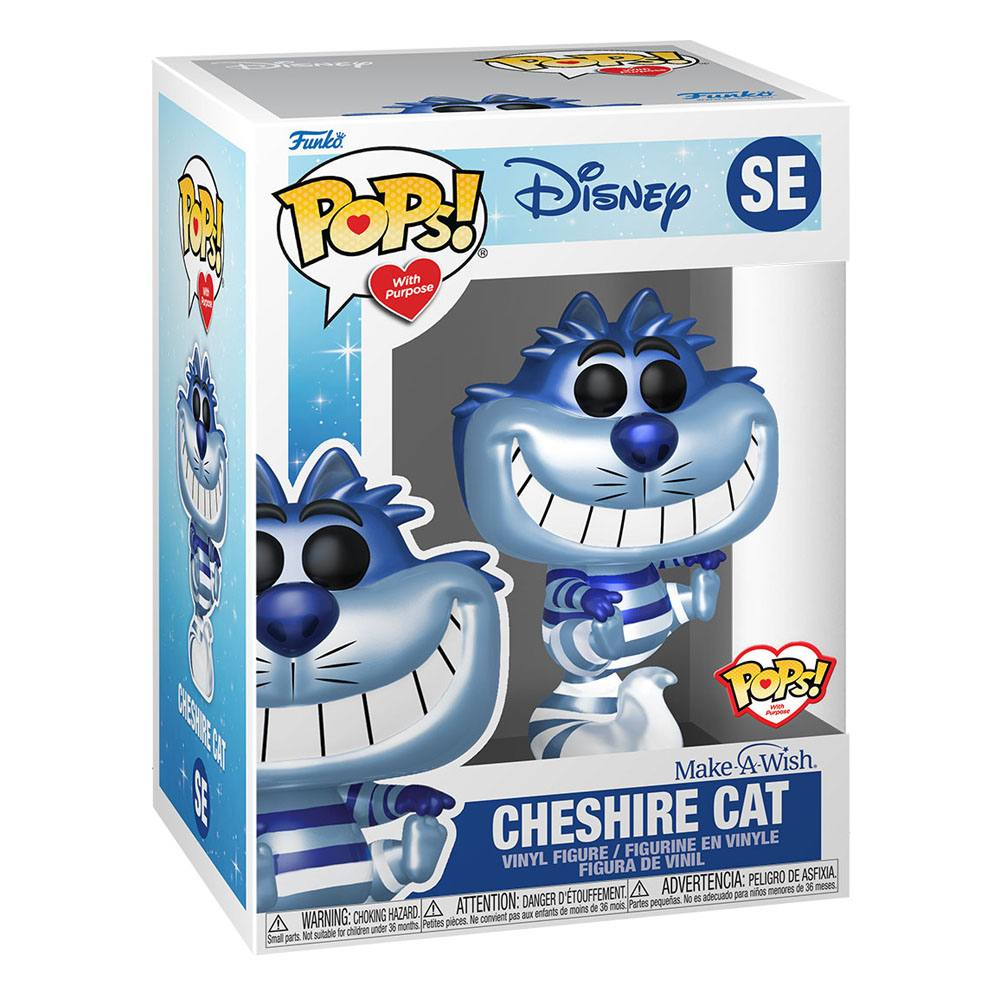 Una caja Funko Pop con una figura de vinilo del Gato de Cheshire azul y blanco, con marca Disney.