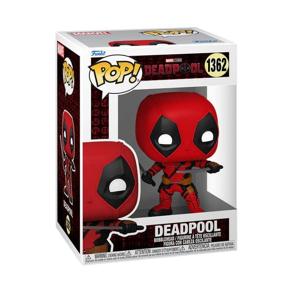 Figurka Funko Pop Deadpool w czerwono-czarnym opakowaniu.