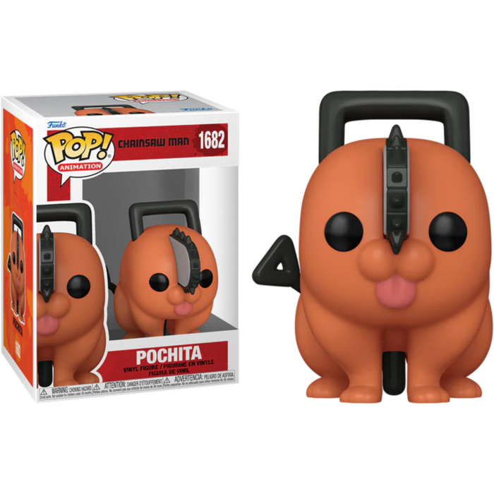 Pochita Funko Pop Vinyl-Figur mit Kettensägenkopf und Box auf schwarzem Grund.
