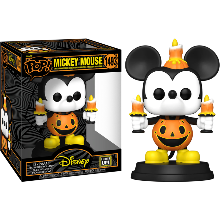 Figura coleccionable Funko Pop de Mickey Mouse de Halloween sosteniendo velas, junto a su caja.