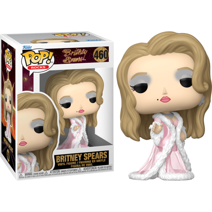 Una figura de vinilo Funko Pop de Britney Spears con vestido rosa y ribete de pelo blanco, junto a su caja.