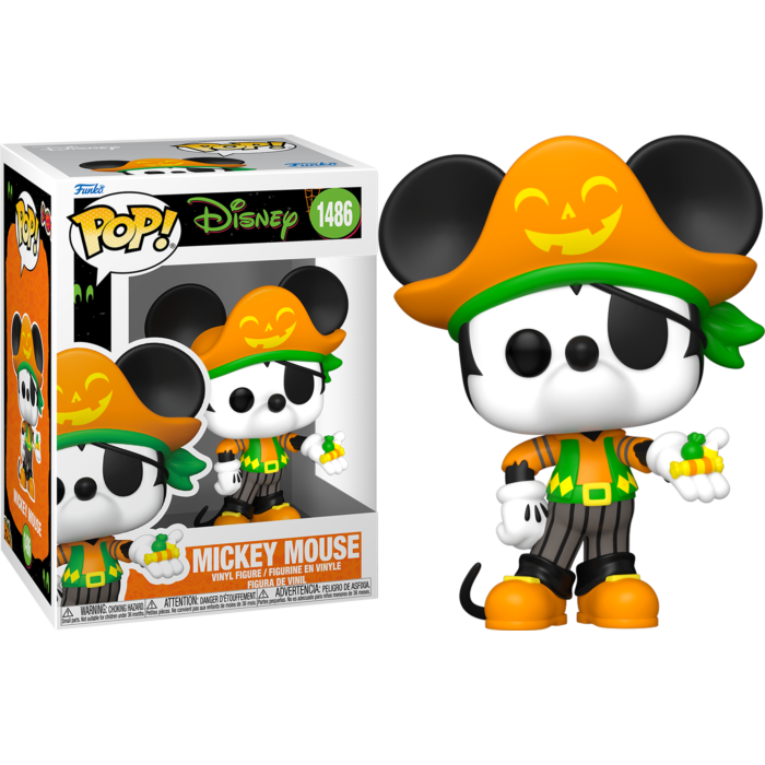 Figura Funko POP de Mickey Mouse con disfraz de pirata de Halloween, sombrero de calabaza y parche, junto a su caja.