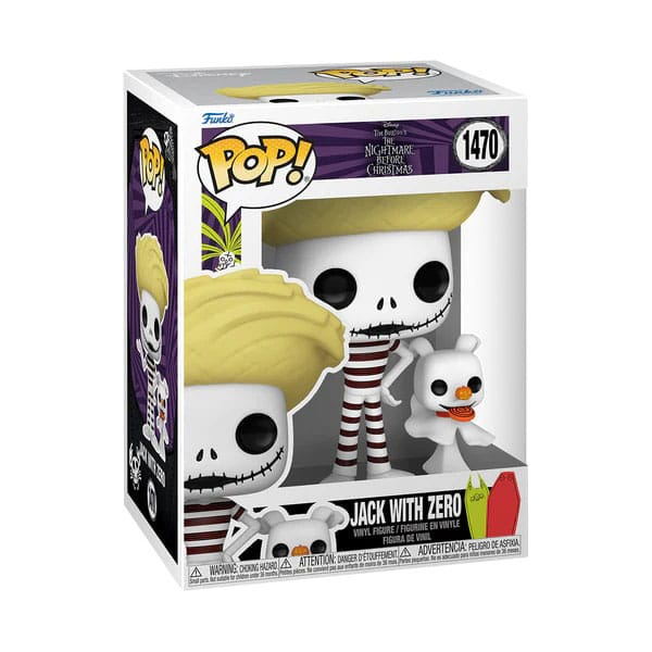 Figura Funko Pop! de Jack Skellington con Zero en una caja coleccionable.