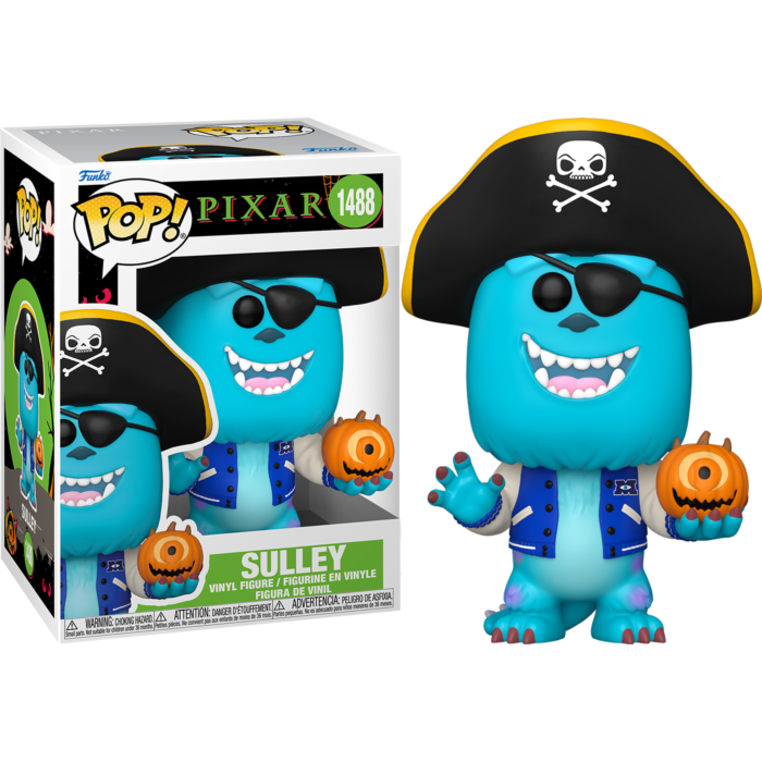 Figura Funko POP! de Sully vestido de pirata con parche, tricornio y calabaza, junto a su caja de producto.