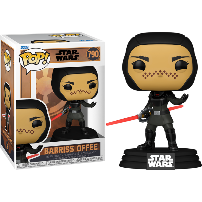 Figura de vinilo Funko Pop de Barriss Offee con sable láser rojo, junto a su caja.