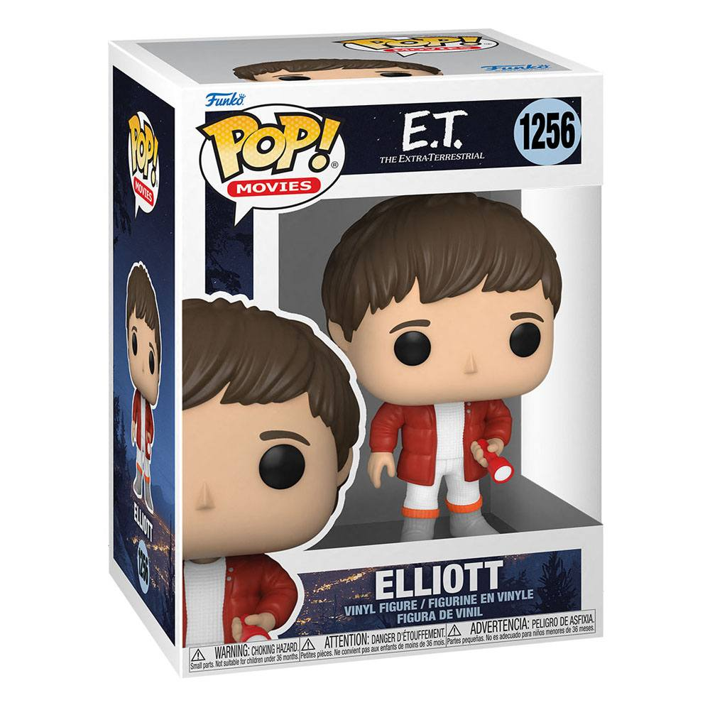 Funko Pop Vinylfigur von Elliott aus E.T. mit roter Jacke und Taschenlampe in einer Sammlerbox.