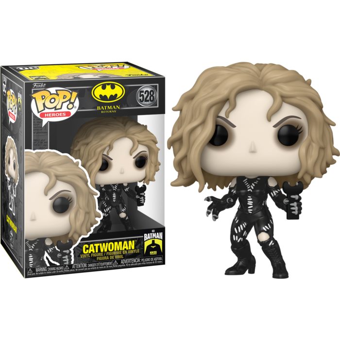 Figura de vinilo Catwoman Funko Pop junto a su caja negra y amarilla sobre un fondo negro.