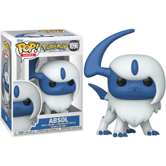 Figura Absol Funko Pop! en blanco y azul, junto a su caja.