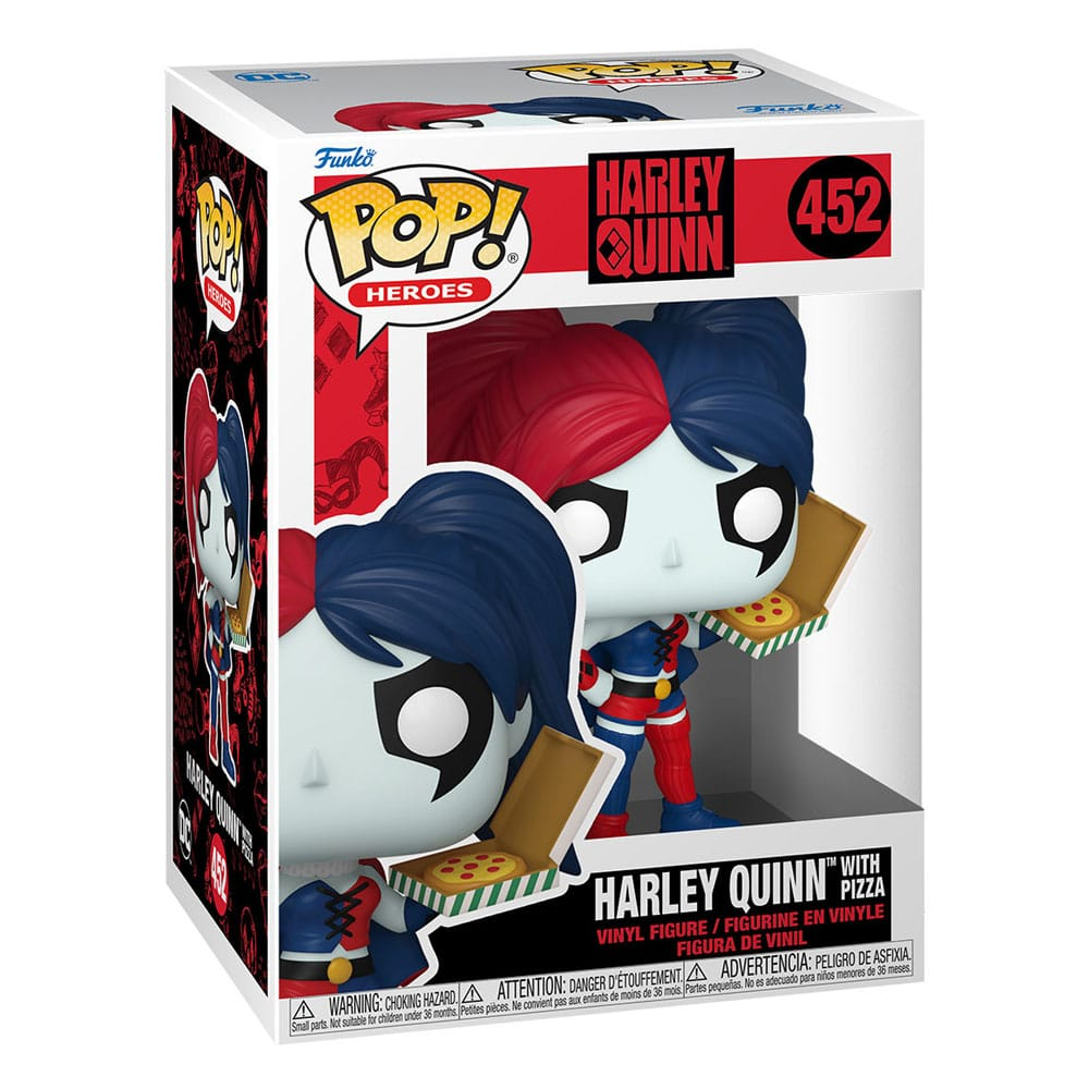 Figurine Funko Pop! de Harley Quinn numéro 452 tenant une boîte de pizza, dans une boîte colorée.