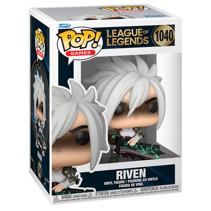 Funko Pop! Figur von Riven aus League of Legends, mit weißem Haar und einem großen Schwert in einer Box.