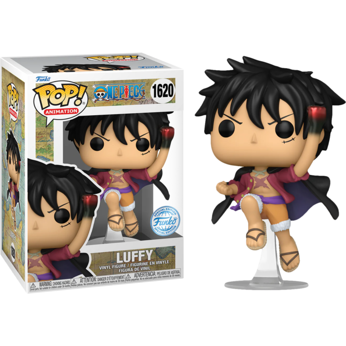 Funko Pop Animation Figur von Luffy aus One Piece, stehend neben seiner Verpackung.
